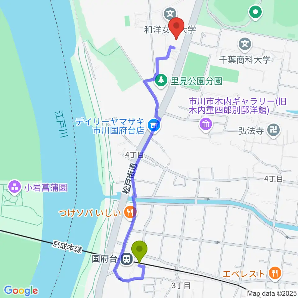 和洋女子大学文化資料館の最寄駅国府台駅からの徒歩ルート（約12分）地図