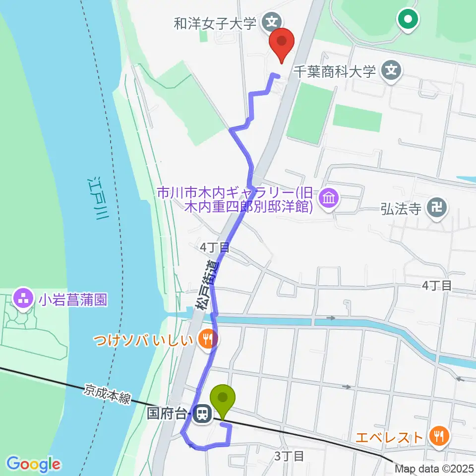 和洋女子大学文化資料館の最寄駅国府台駅からの徒歩ルート（約12分）地図