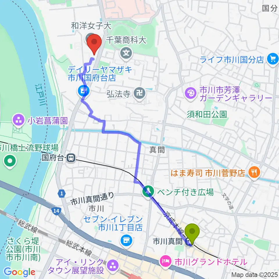 市川真間駅から和洋女子大学文化資料館へのルートマップ地図