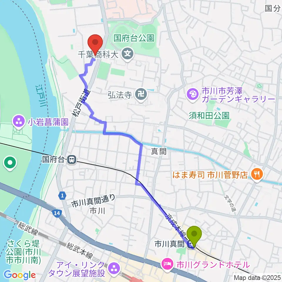 市川真間駅から和洋女子大学文化資料館へのルートマップ地図