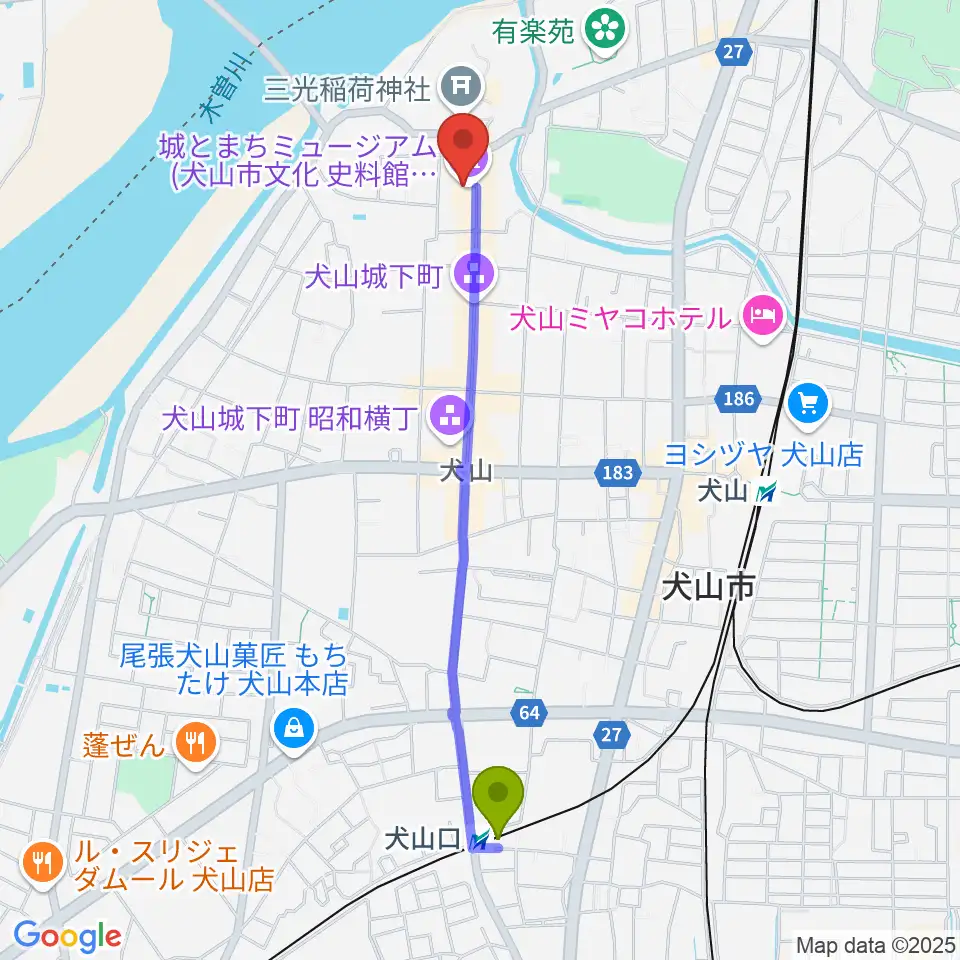 犬山口駅から城とまちミュージアムへのルートマップ地図