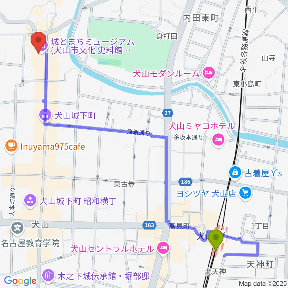 城とまちミュージアムの最寄駅犬山駅からの徒歩ルート（約14分）地図