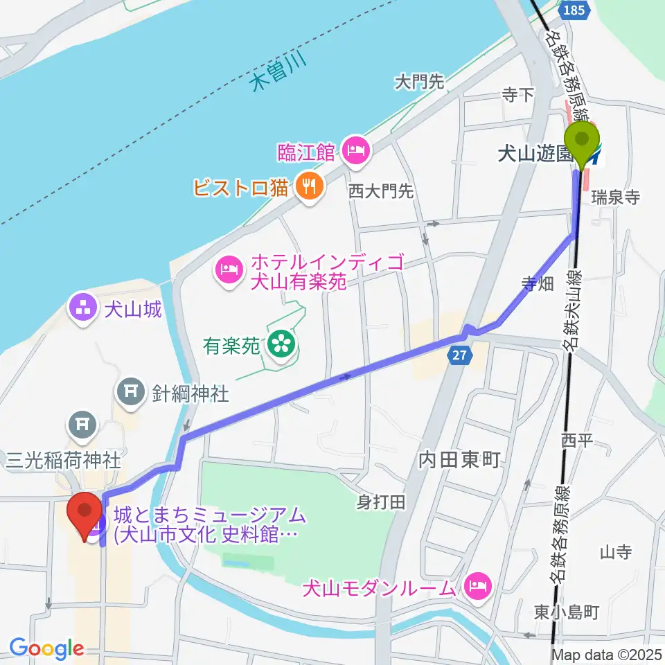 犬山遊園駅から城とまちミュージアムへのルートマップ地図