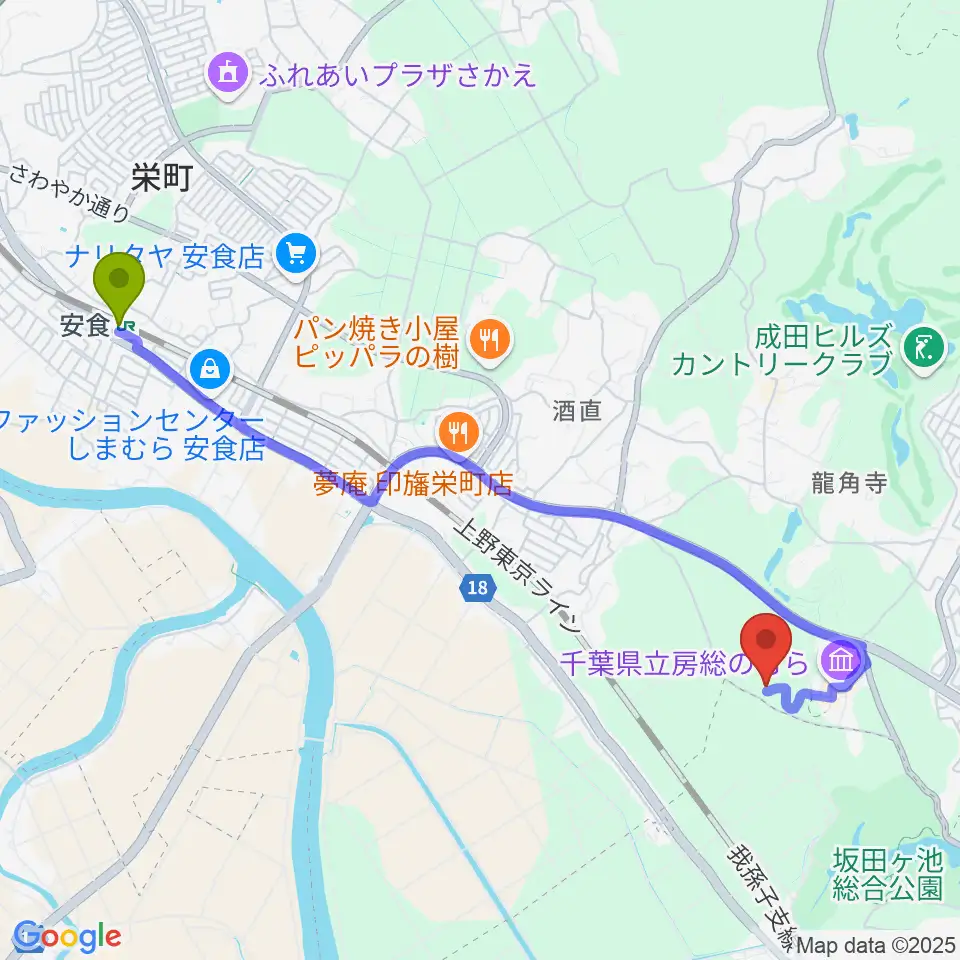 安食駅から千葉県立房総のむら 風土記の丘資料館へのルートマップ地図