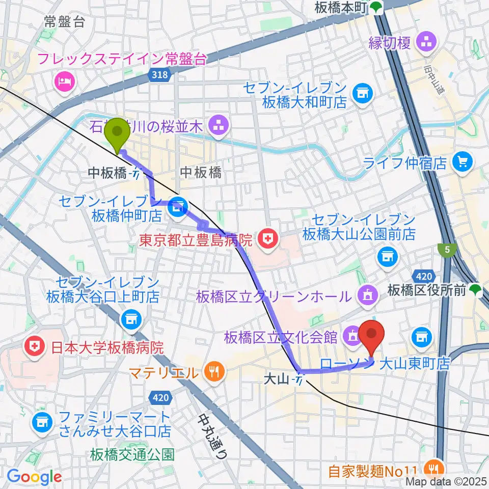 中板橋駅からダボスタジオへのルートマップ地図