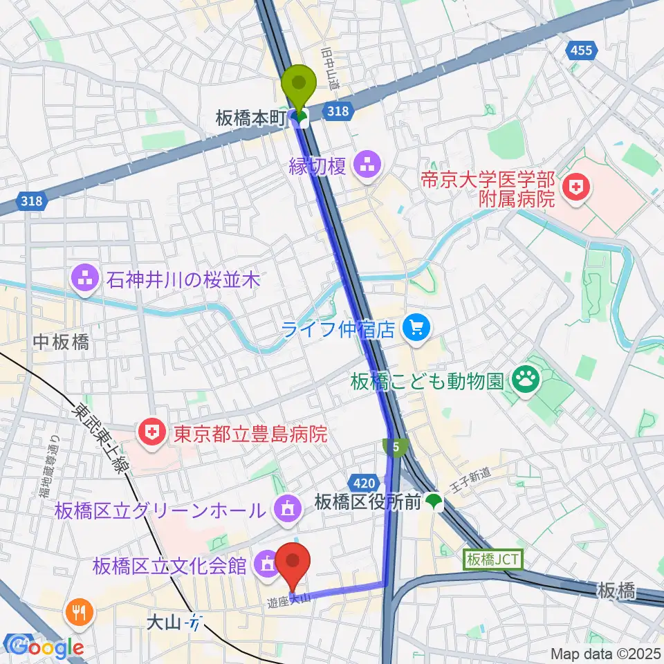 板橋本町駅からダボスタジオへのルートマップ地図