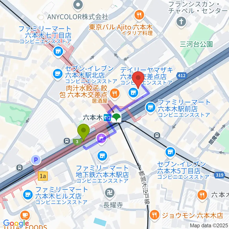YOSHIMOTO ROPPONGI THEATERの最寄駅六本木駅からの徒歩ルート（約3分）地図