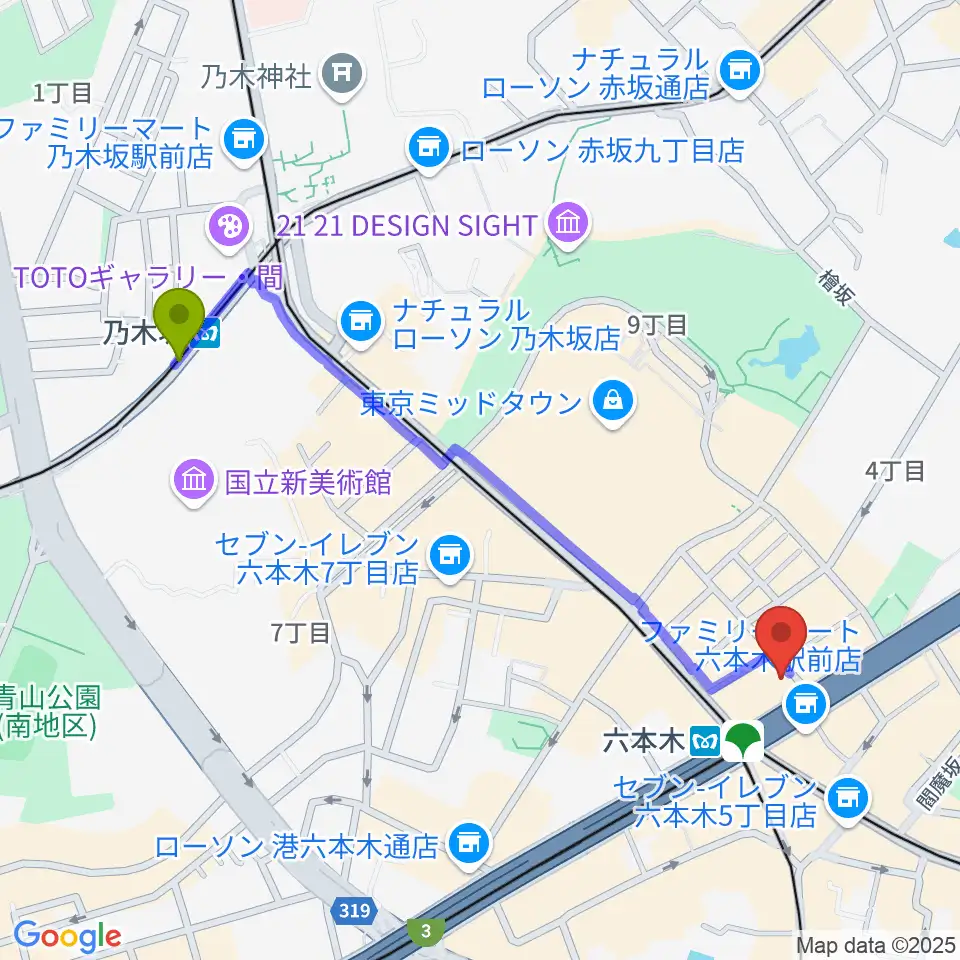 乃木坂駅からYOSHIMOTO ROPPONGI THEATERへのルートマップ地図