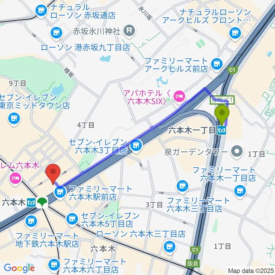 六本木一丁目駅からYOSHIMOTO ROPPONGI THEATERへのルートマップ地図