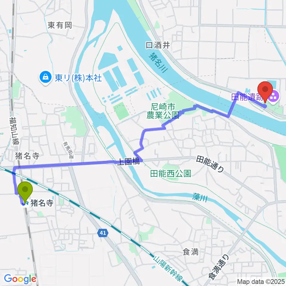 尼崎市立田能資料館の最寄駅猪名寺駅からの徒歩ルート（約29分）地図
