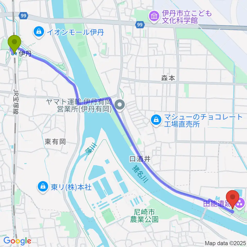 伊丹駅から尼崎市立田能資料館へのルートマップ地図