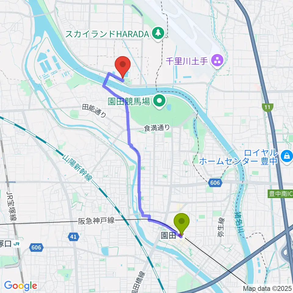 園田駅から尼崎市立田能資料館へのルートマップ地図