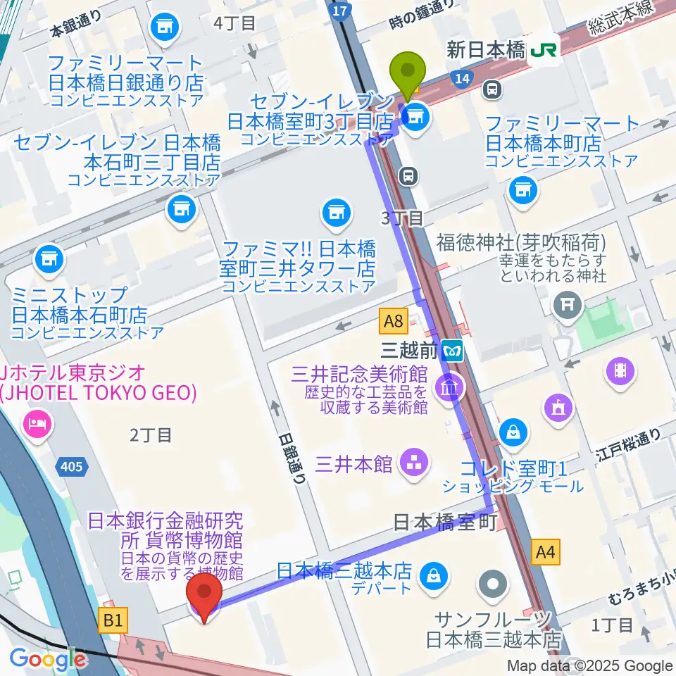 貨幣博物館の最寄駅新日本橋駅からの徒歩ルート（約6分）地図