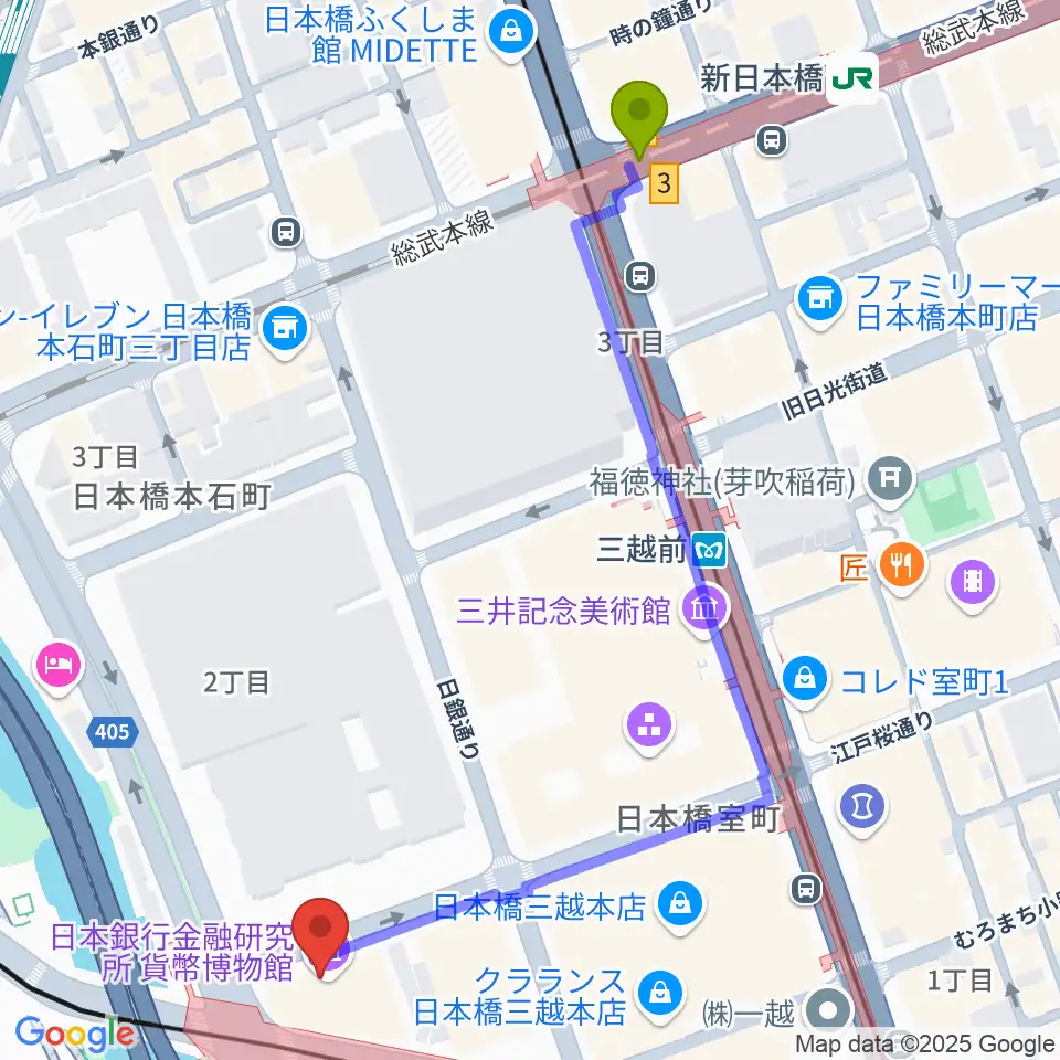貨幣博物館の最寄駅新日本橋駅からの徒歩ルート（約6分）地図