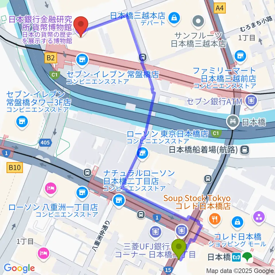 日本橋駅から貨幣博物館へのルートマップ地図