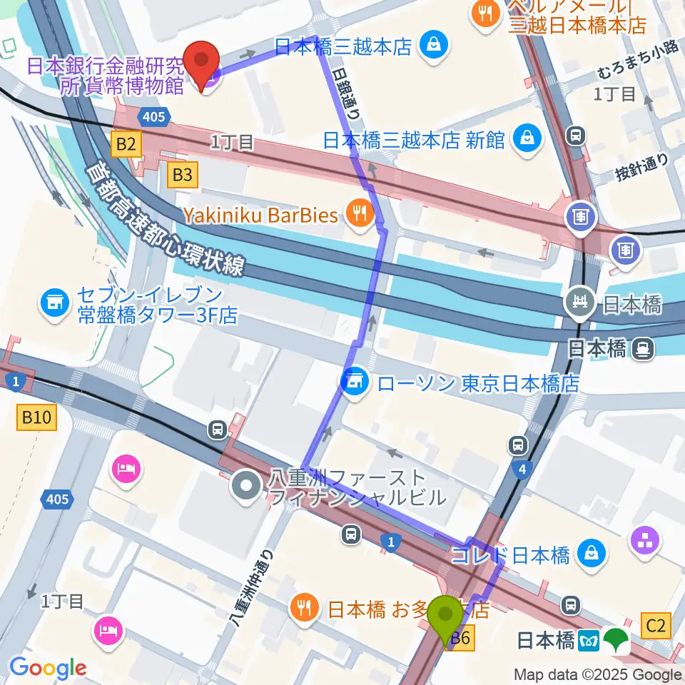日本橋駅から貨幣博物館へのルートマップ地図