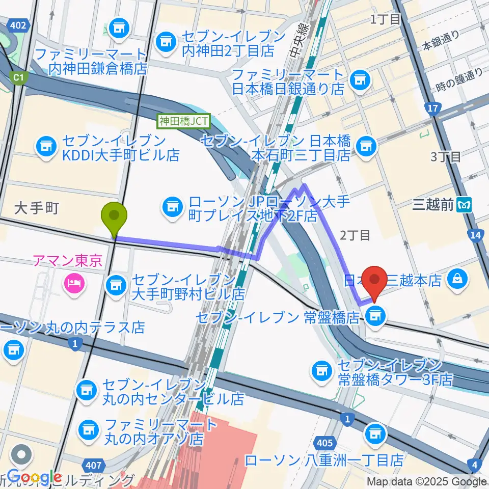 大手町駅から貨幣博物館へのルートマップ地図
