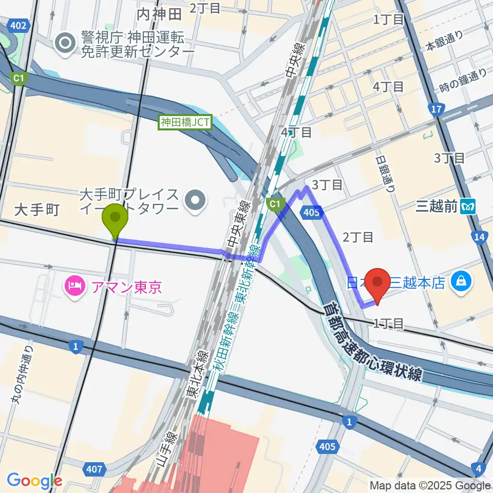 大手町駅から貨幣博物館へのルートマップ地図