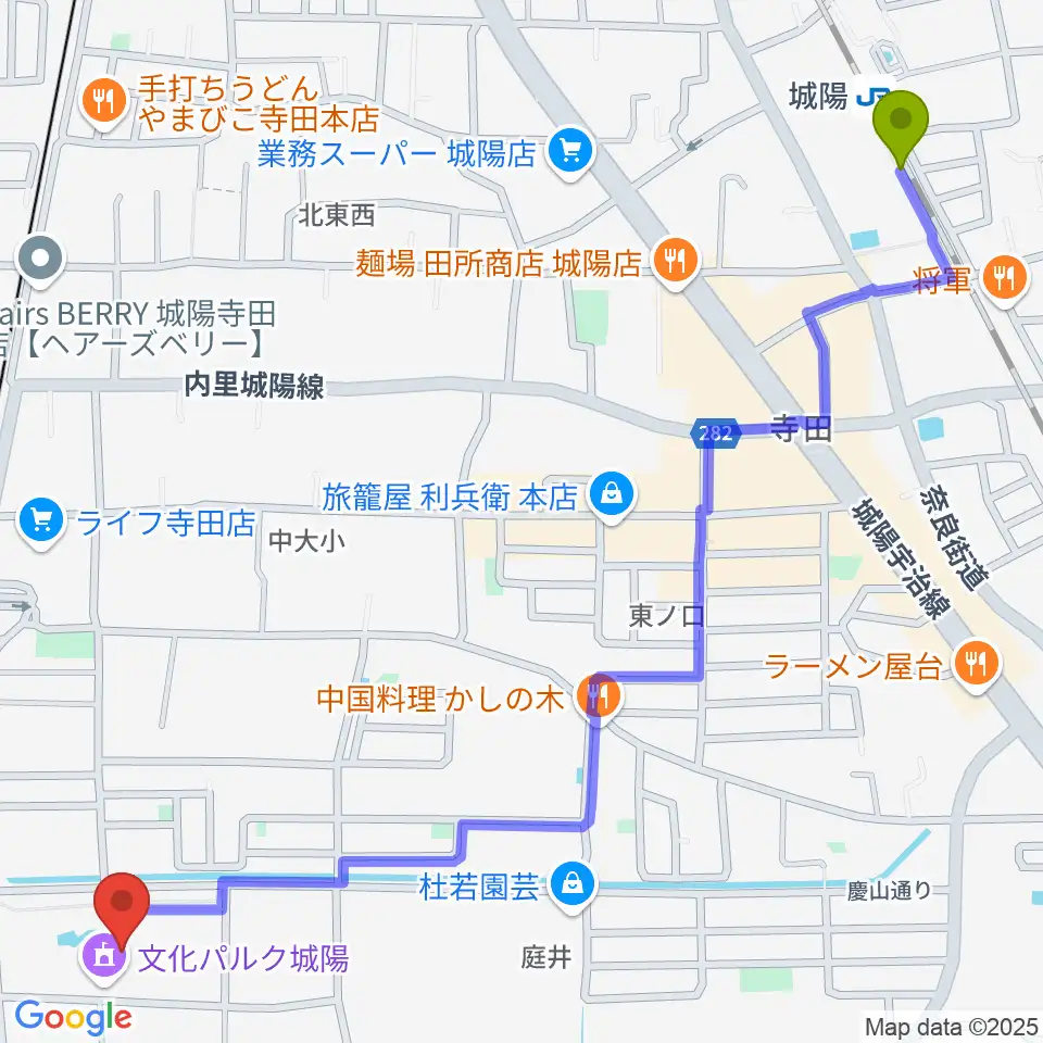 城陽駅から城陽市歴史民俗資料館へのルートマップ地図