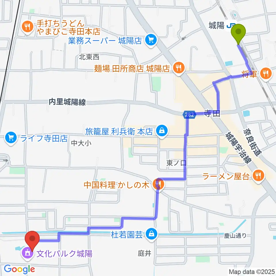 城陽駅から城陽市歴史民俗資料館へのルートマップ地図