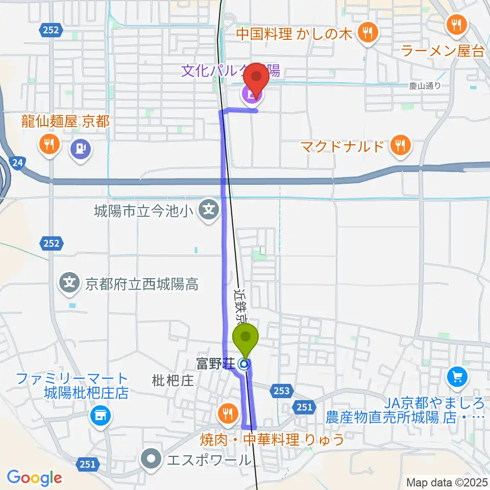 富野荘駅から城陽市歴史民俗資料館へのルートマップ地図