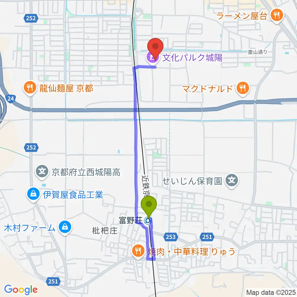 富野荘駅から城陽市歴史民俗資料館へのルートマップ地図