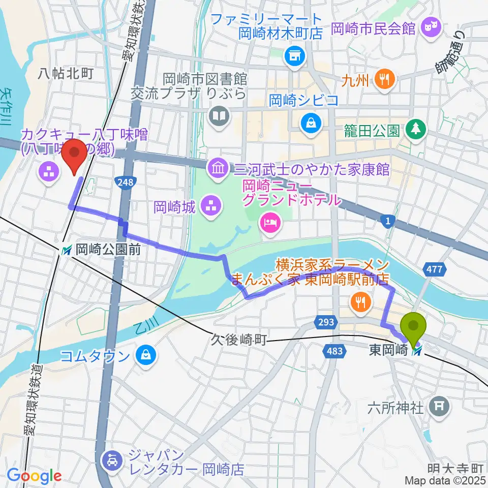 東岡崎駅から八丁味噌の郷 史料館へのルートマップ地図