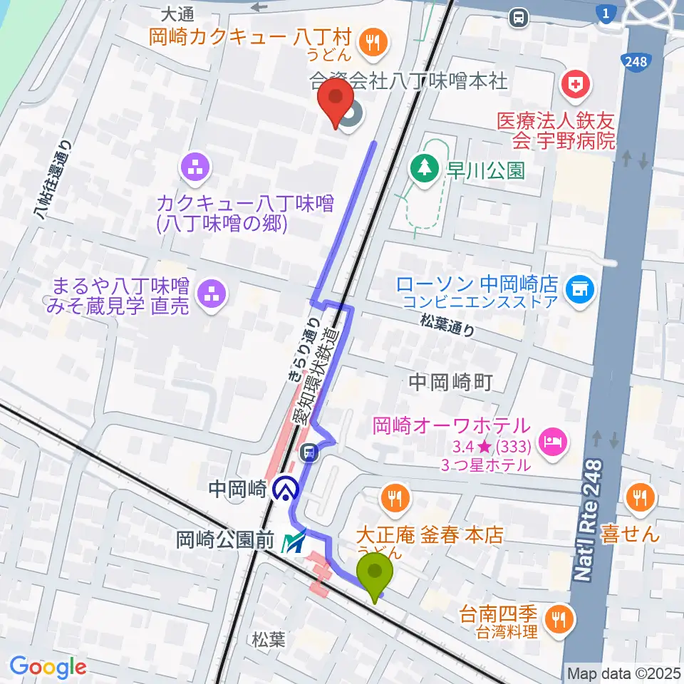 八丁味噌の郷 史料館の最寄駅岡崎公園前駅からの徒歩ルート（約5分）地図