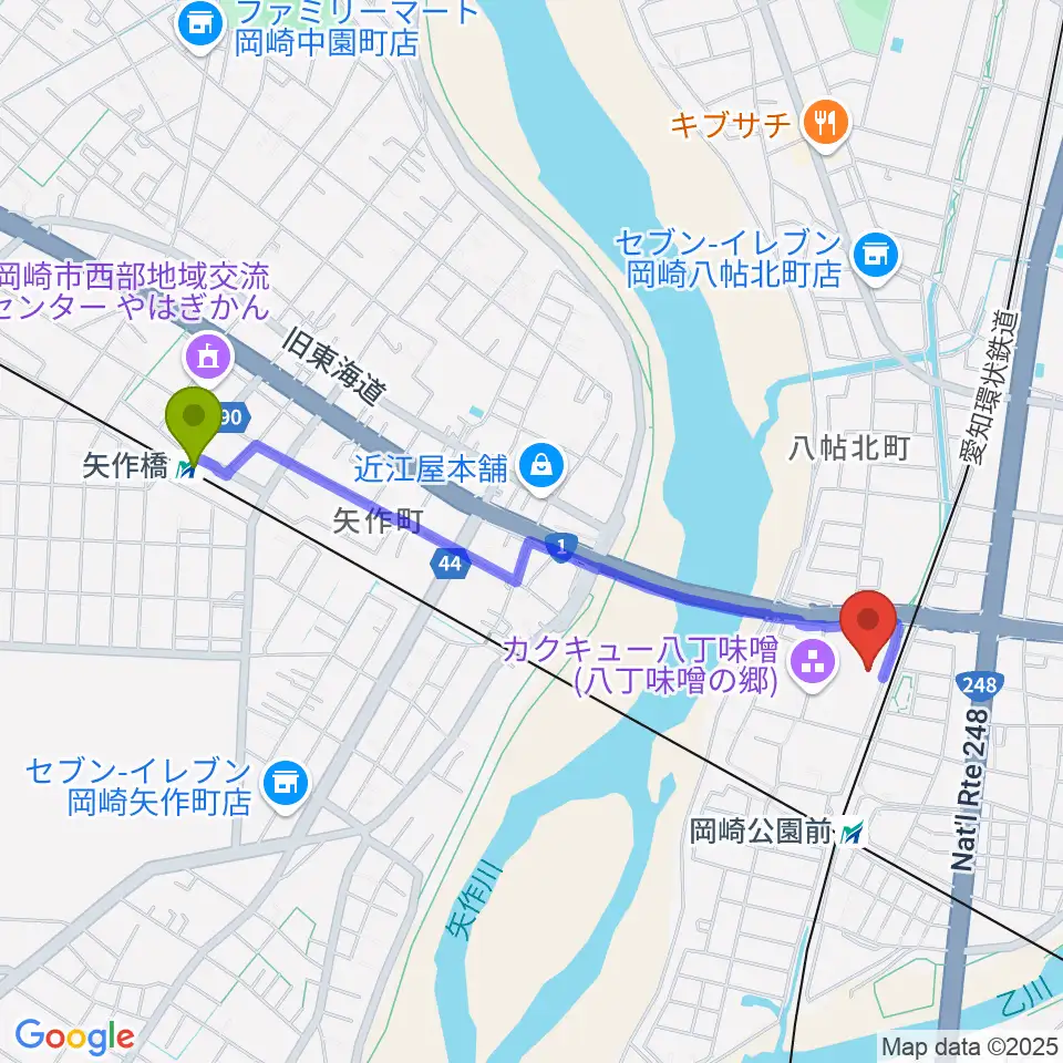 矢作橋駅から八丁味噌の郷 史料館へのルートマップ地図