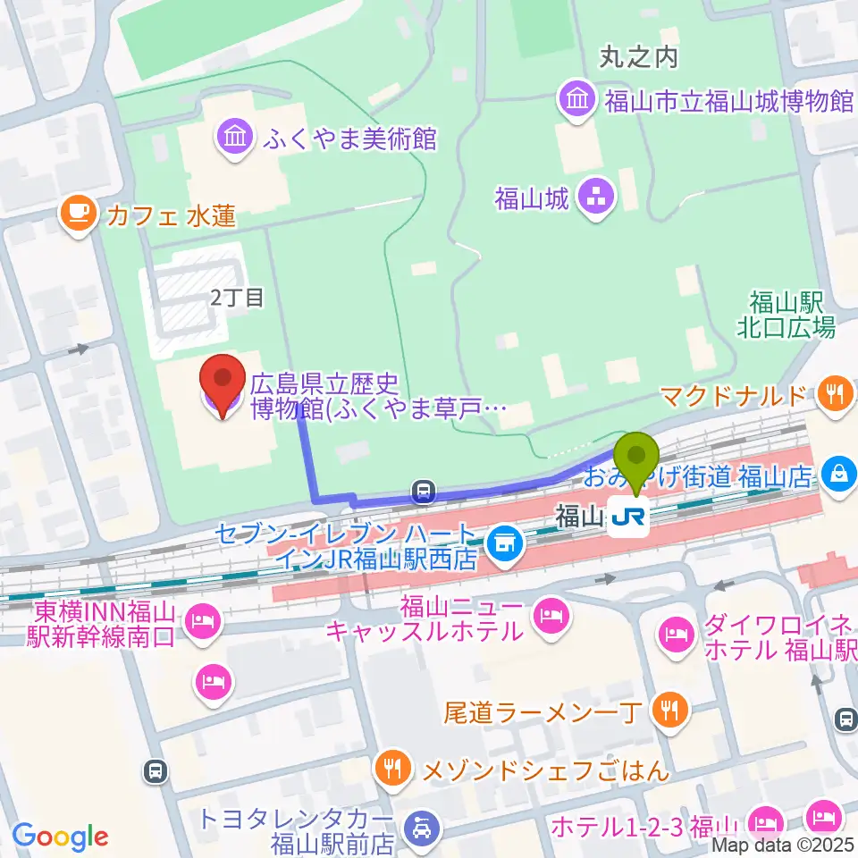 広島県立歴史博物館の最寄駅福山駅からの徒歩ルート（約4分）地図