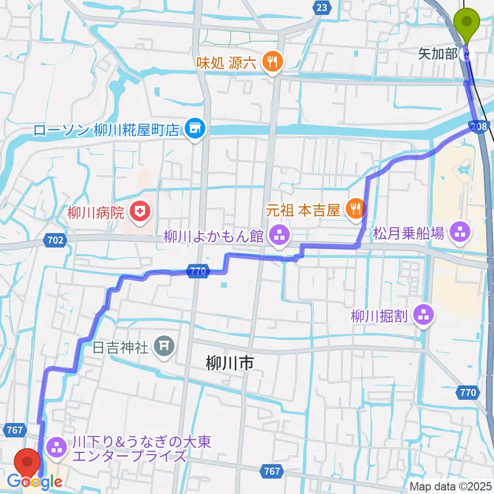 矢加部駅から立花家史料館へのルートマップ地図