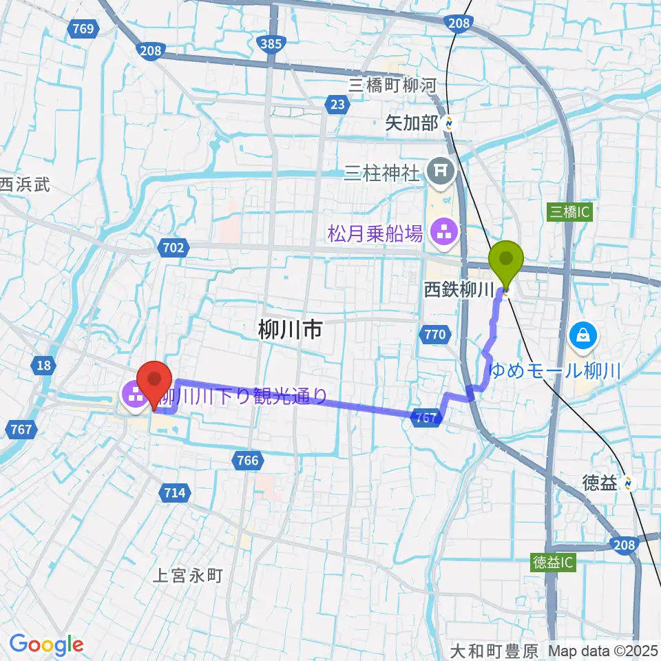 立花家史料館の最寄駅西鉄柳川駅からの徒歩ルート（約36分）地図