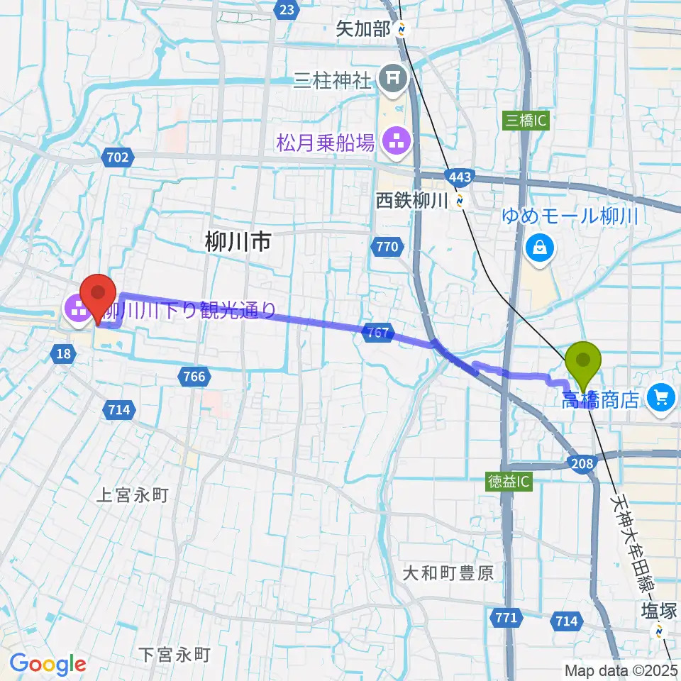 徳益駅から立花家史料館へのルートマップ地図