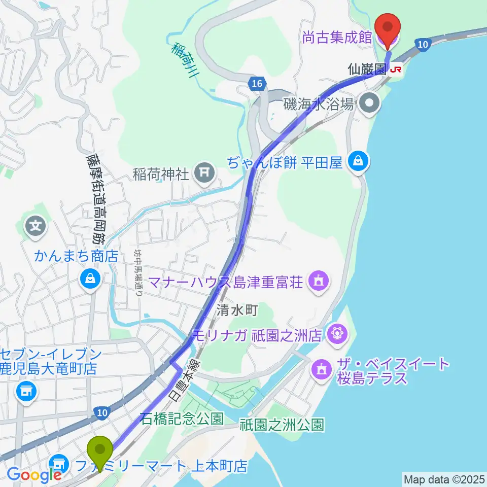 尚古集成館の最寄駅鹿児島駅からの徒歩ルート（約34分）地図