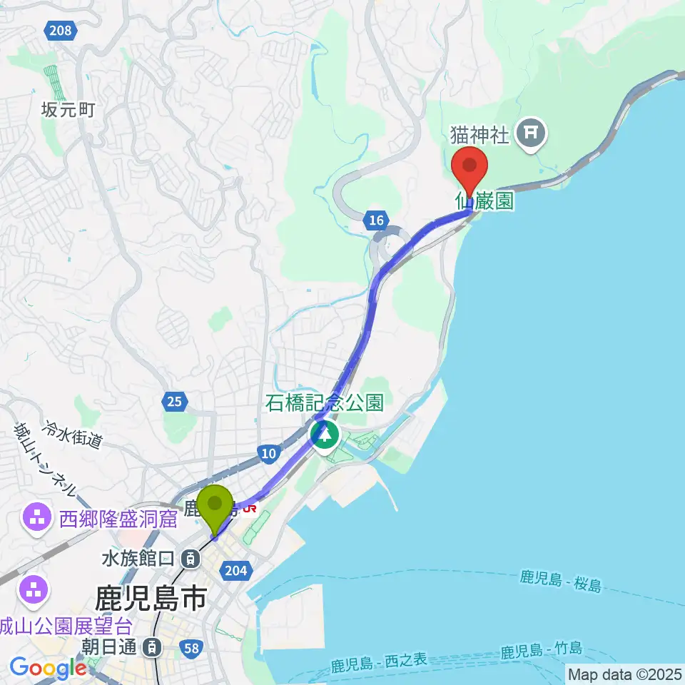 桜島桟橋通駅から尚古集成館へのルートマップ地図