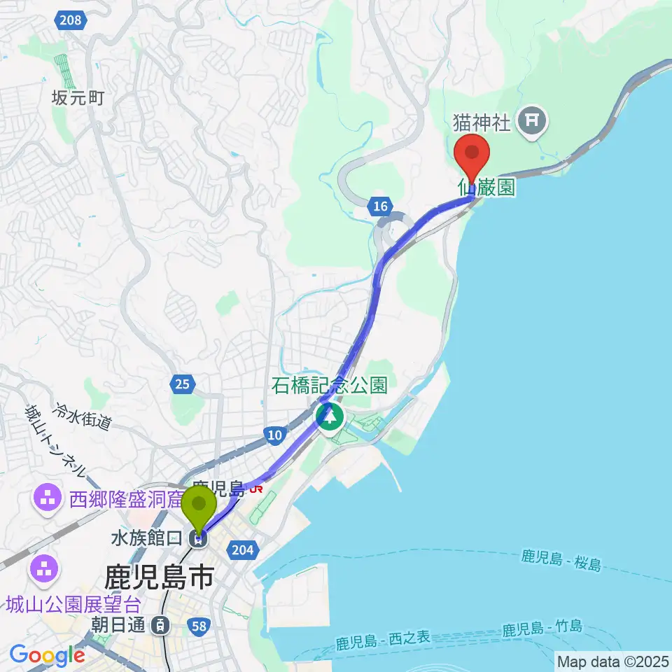 水族館口駅から尚古集成館へのルートマップ地図