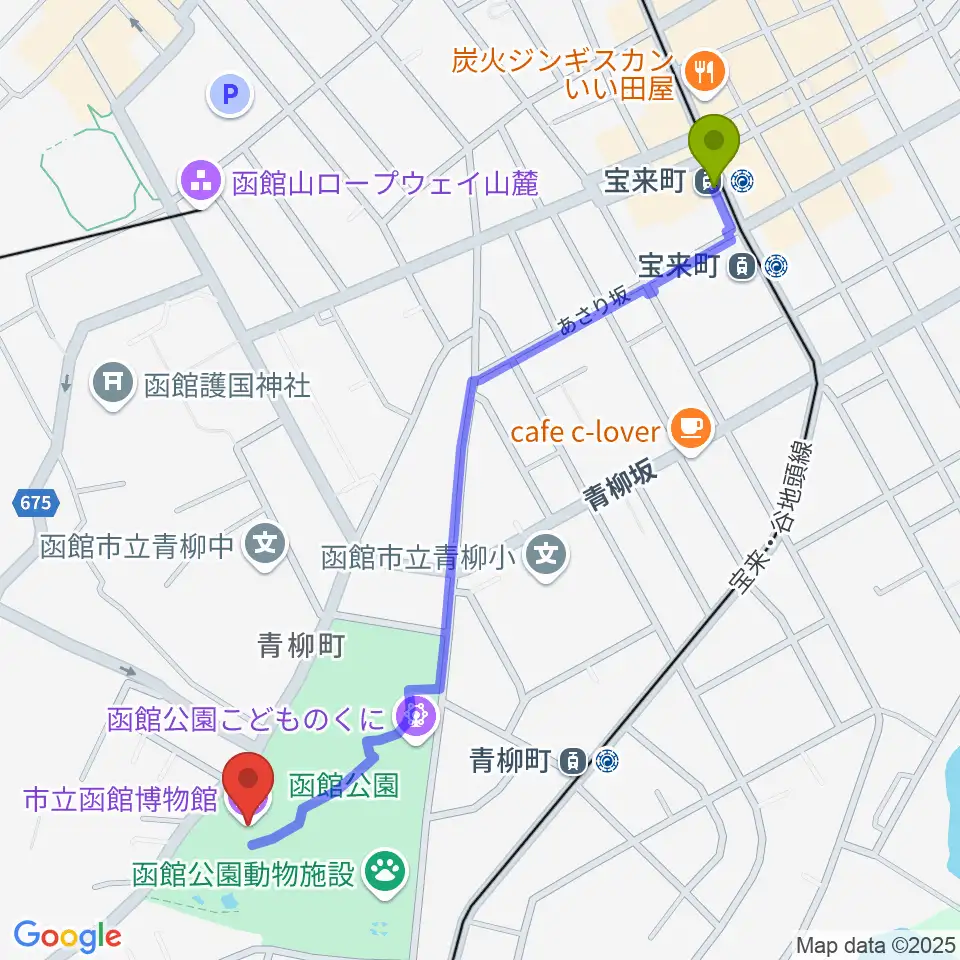 宝来町駅から市立函館博物館へのルートマップ地図