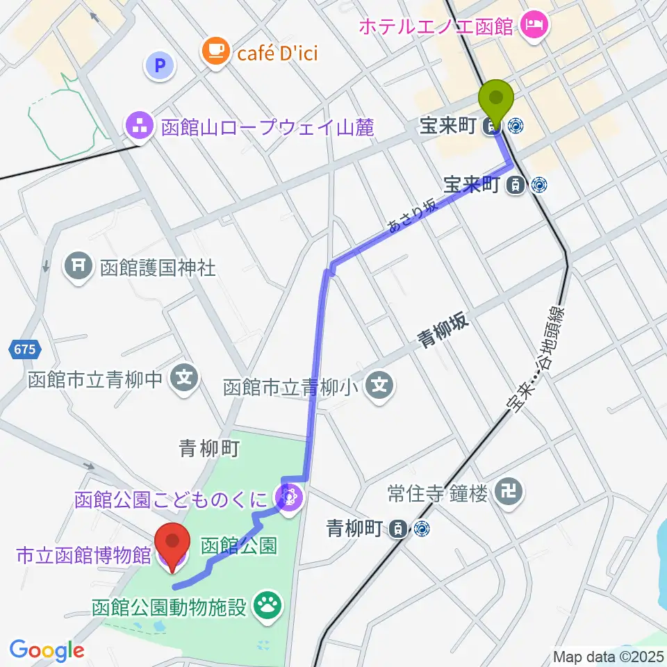 宝来町駅から市立函館博物館へのルートマップ地図