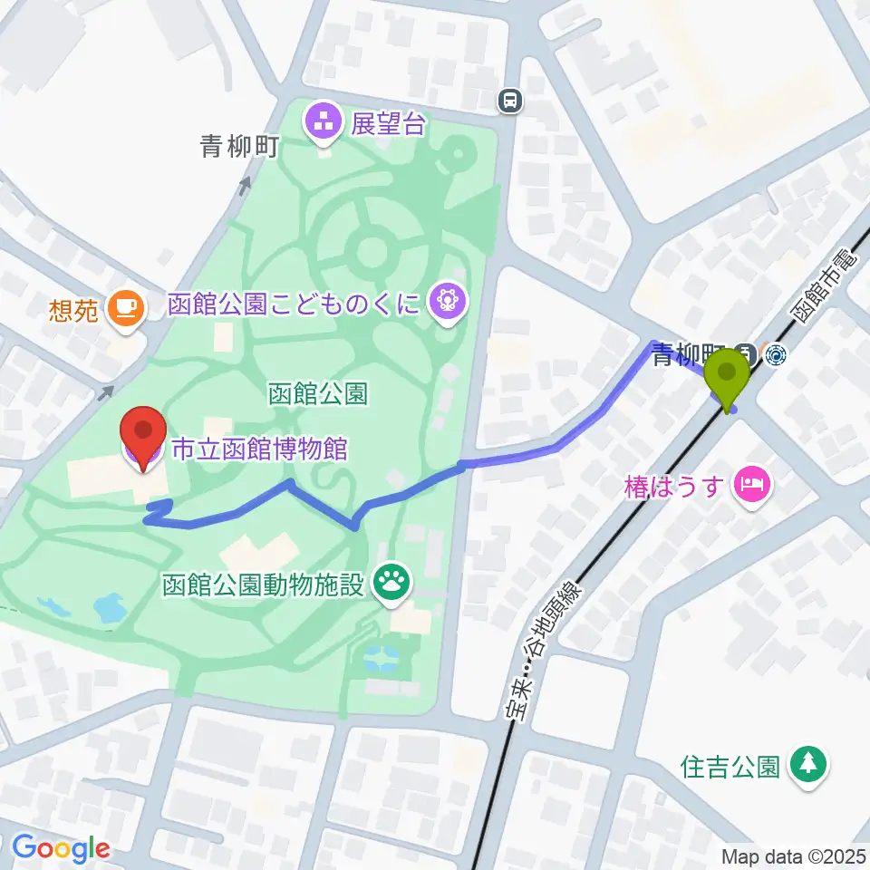 市立函館博物館の最寄駅青柳町駅からの徒歩ルート（約5分）地図