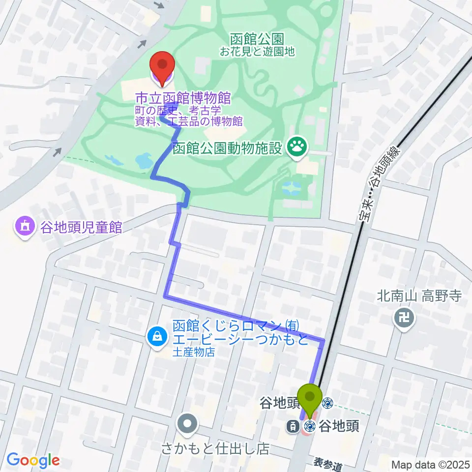 谷地頭駅から市立函館博物館へのルートマップ地図