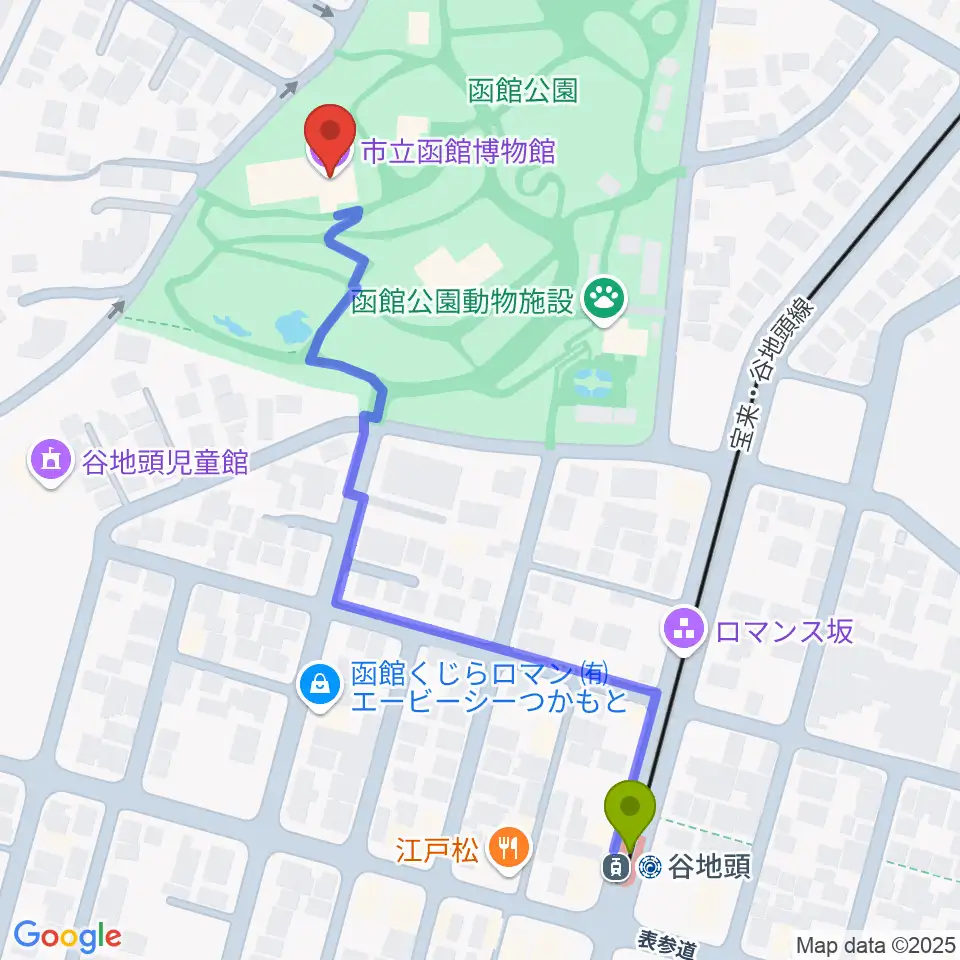谷地頭駅から市立函館博物館へのルートマップ地図