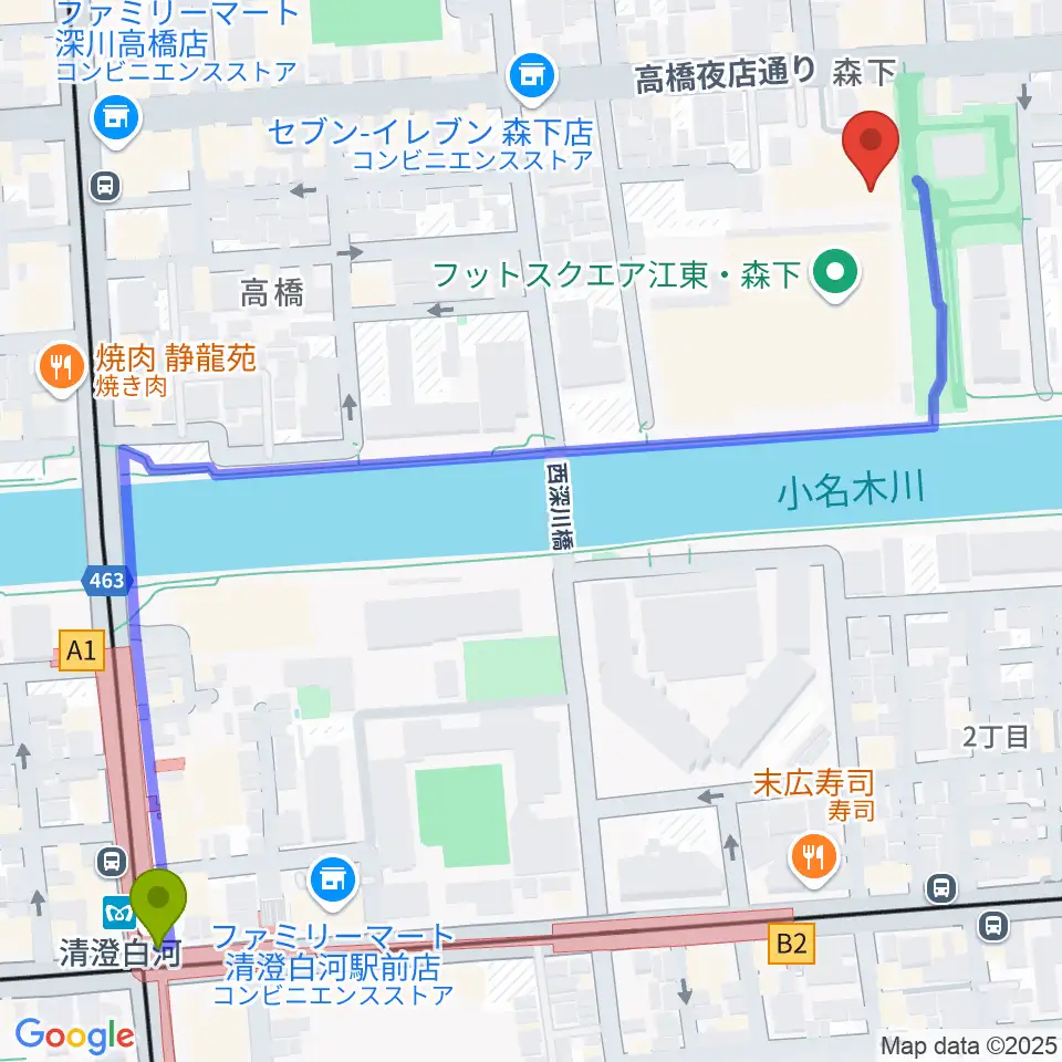田河水泡・のらくろ館の最寄駅清澄白河駅からの徒歩ルート（約8分）地図