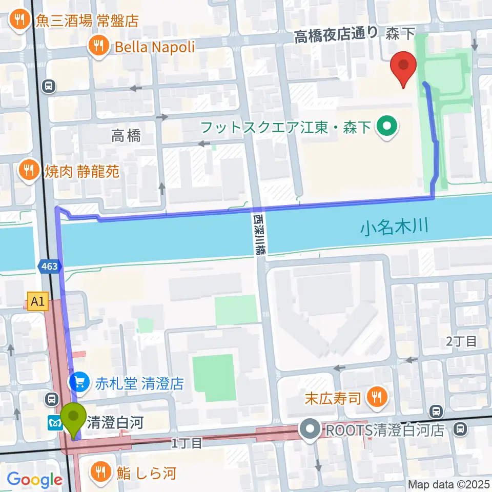 田河水泡・のらくろ館の最寄駅清澄白河駅からの徒歩ルート（約8分）地図