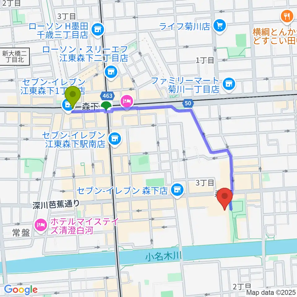 森下駅から田河水泡・のらくろ館へのルートマップ地図