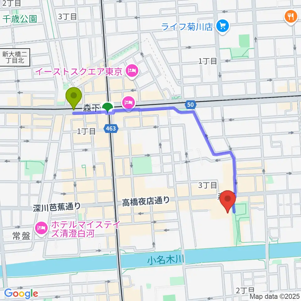 森下駅から田河水泡・のらくろ館へのルートマップ地図