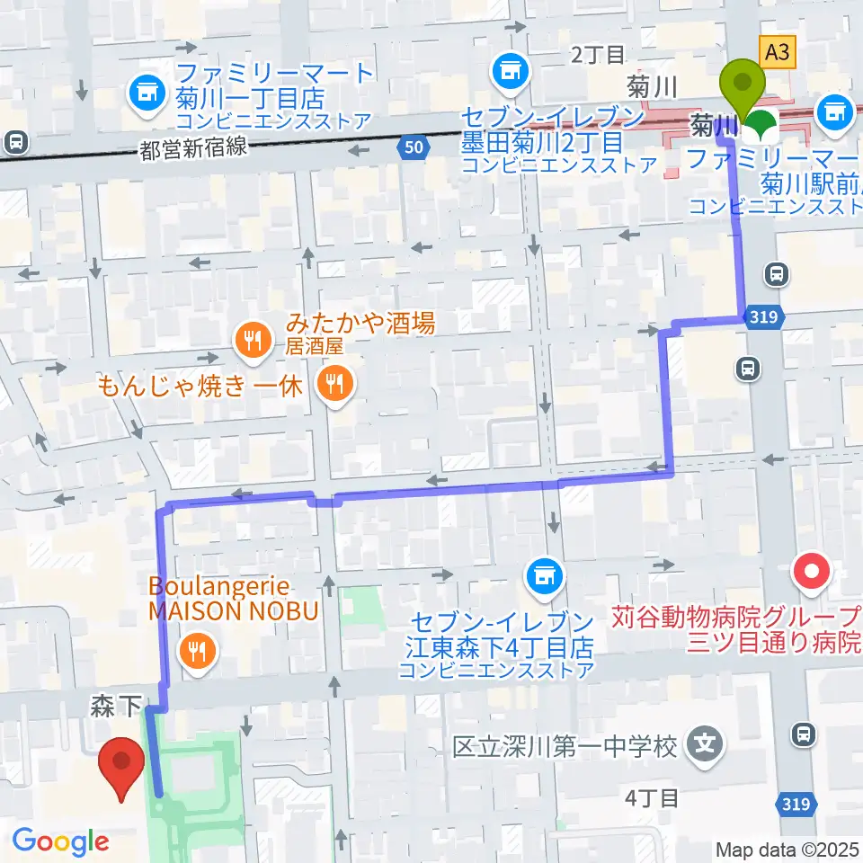 菊川駅から田河水泡・のらくろ館へのルートマップ地図