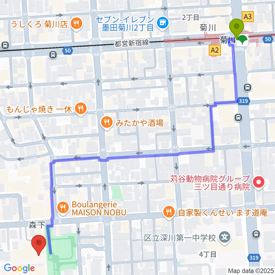 菊川駅から田河水泡・のらくろ館へのルートマップ地図