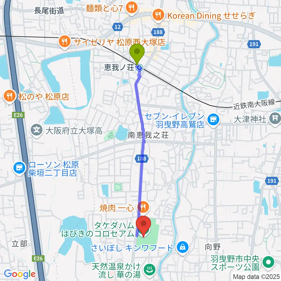 タケダハムはびきのコロセアムの最寄駅恵我ノ荘駅からの徒歩ルート（約19分）地図