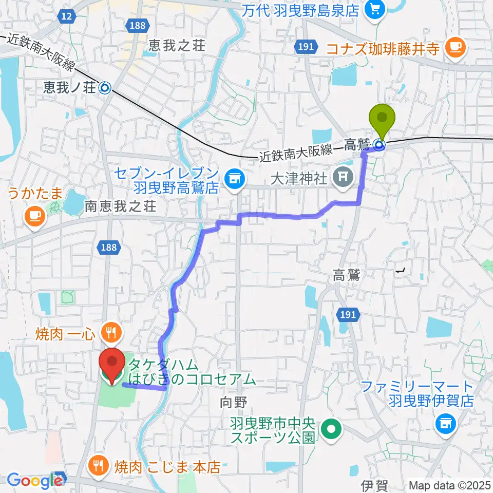 高鷲駅からタケダハムはびきのコロセアムへのルートマップ地図