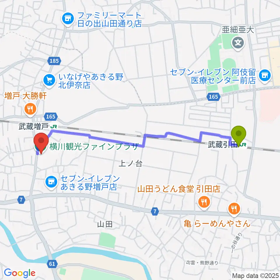 武蔵引田駅から横川観光ファインプラザへのルートマップ地図